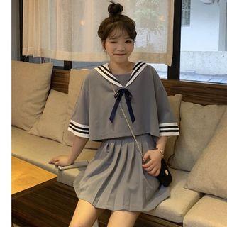 Set: Sailor Collar Elbow-sleeve T-shirt + Pleated Skirt