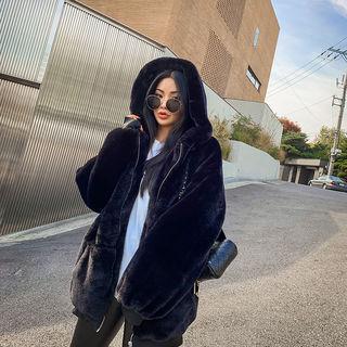 Kangaroo-pocket Faux-fur Zip-up Hoodie