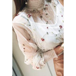 Set: Smock-detail Floral Mesh Top + Camisole Top