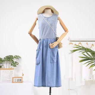 Sleeveless Striped Paneled A-line Midi Dress Light Blue - One Size