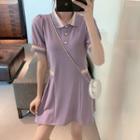 Short Sleeve Contrast Trim Polo Dress Purple - One Size