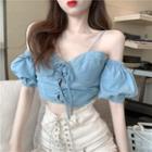 Denim Cold-shoulder Lace-up Cropped Blouse / Hot Pants