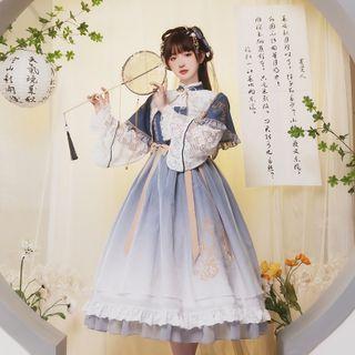 Bell-sleeve Lace Midi A-line Lolita Dress / Embroidered Detachable Collar