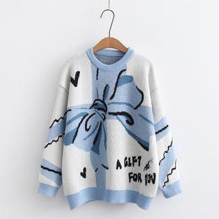 Bow Print Lettering Sweater