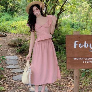 Ruffle Trim Crop Top / Midi A-line Skirt