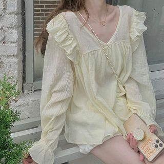 V-neck Ruffle Chiffon Blouse White - One Size