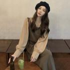 Puff-sleeve Blouse / A-line Midi Overall Dress