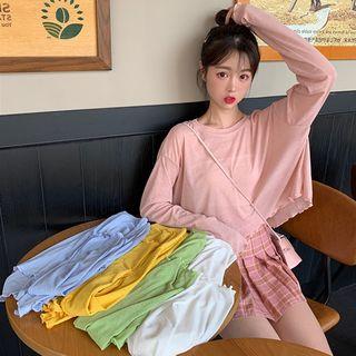 Plain Lettuce Edge Long-sleeve Sheer Top