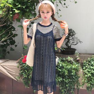 Set: Stripe Short-sleeve Knit Top + Spaghetti Strap Dress