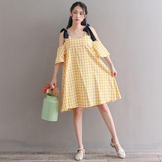 Elbow-sleeve Off Shoulder Plaid Dress