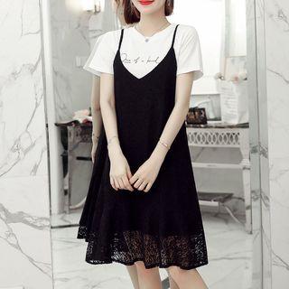 Set: Short-sleeve Lettering T-shirt + Spaghetti-strap Lace Dress