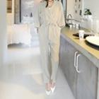 3/4-sleeve Notched-lapel Jumpsuit