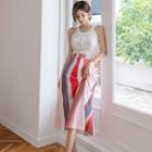Set: Halter-neck Scallop Edge Knit Top + Striped Midi A-line Skirt