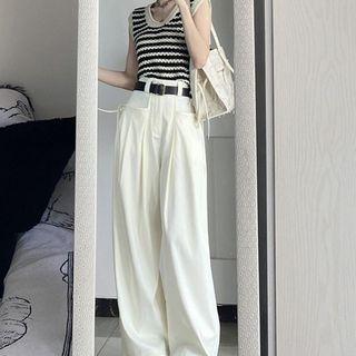 Striped Knit Tank Top / High Waist Wide Leg Pants / Set