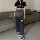 Lettering Print Chain Cropped T-shirt / Gradient Distressed Jeans