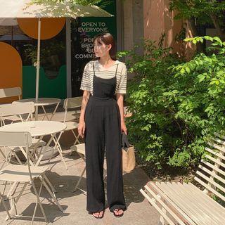 Linen Blend Overall Pants Black - One Size