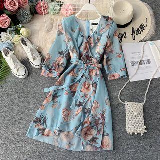 3/4-sleeve Floral-print A-line Wrap Dress