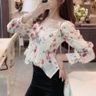 Long-sleeve Floral Print Shirred Chiffon Crop Top White & Red - One Size