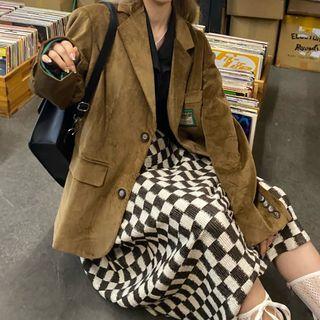 Long-sleeve Corduroy Blazer / Plaid Midi Skirt / Long-sleeve Striped Shirt