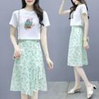 Set: Short-sleeve Printed T-shirt + Belted Waist Floral Midi Skirt