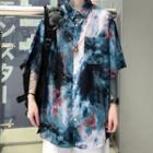 Short-sleeve Tie-dye Print Shirt Blue & Black & Red - One Size