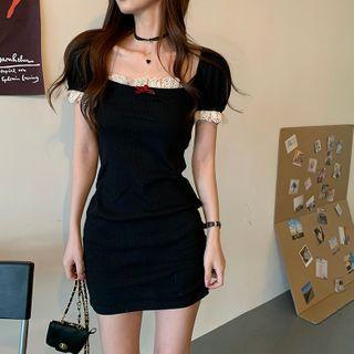 Lace Trim Puff-sleeve Square-neck Mini Bodycon Dress As Shown In Figure - One Size