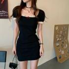 Lace Trim Puff-sleeve Square-neck Mini Bodycon Dress As Shown In Figure - One Size