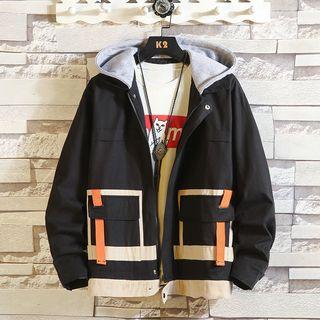 Couple Matching Color Block Zip Hooded Cargo Jacket