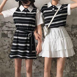 Short-sleeve Striped Polo Shirt / Polo Shirt Dress / Layered Skirt