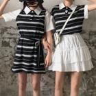 Short-sleeve Striped Polo Shirt / Polo Shirt Dress / Layered Skirt