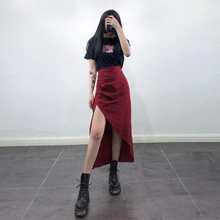 Asymmetric Plaid Slit Midi A-line Skirt