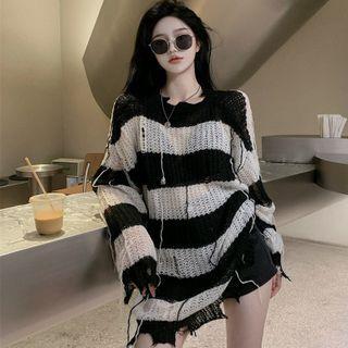 Long-sleeve Asymmetrical Striped Distressed Sweater As Shown In Figure - One Size