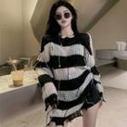 Long-sleeve Asymmetrical Striped Distressed Sweater As Shown In Figure - One Size