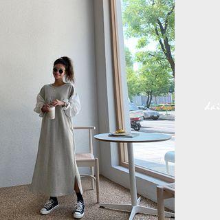 Bishop-sleeve Long T-shirt Dress Gray - One Size