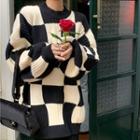 Round Neck Checkerboard Sweater Plaid - Black & White - One Size
