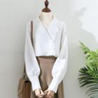 Lantern-sleeve Ruffled-trim Plain Shirt