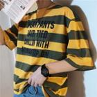 Striped Elbow-sleeve Lettering T-shirt