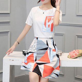 Set: Printed Pocket Short Sleeve T-shirt + Printed A-line Skirt