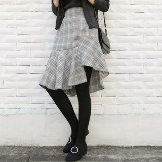 Asymmetric-hem Flared Check Skirt