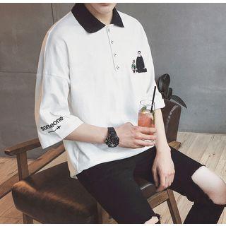 Cartoon Embroidered 3/4 Sleeve Polo Shirt