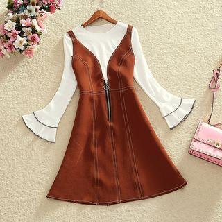 Set: Contrast Trim Long Sleeve T-shirt + Plain Sleeveless A-line Dress