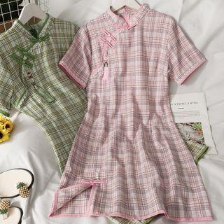 Plaid Frog-button Mini Qipao Dress