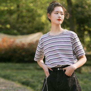 Short-sleeve Striped T-shirt Stripes - Gray & Purple & Pink - One Size