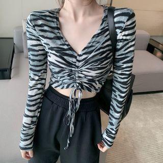 Zebra Pattern V-neck Drawstring Top