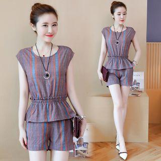 Set: Cap-sleeve Striped Top + Wide-leg Shorts