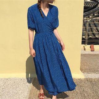 Dotted Elbow Sleeve Midi Dress Blue - One Size