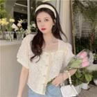 Puff-sleeve Ruffle Trim Lace Blouse Beige - One Size