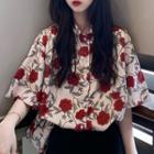 Short Sleeve Floral Print Blouse As Shown In Figure - One Size