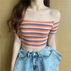 Striped Off-shoulder Short-sleeve Cropped T-shirt