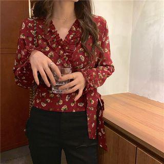 Floral Print Ruffled Wrap Blouse